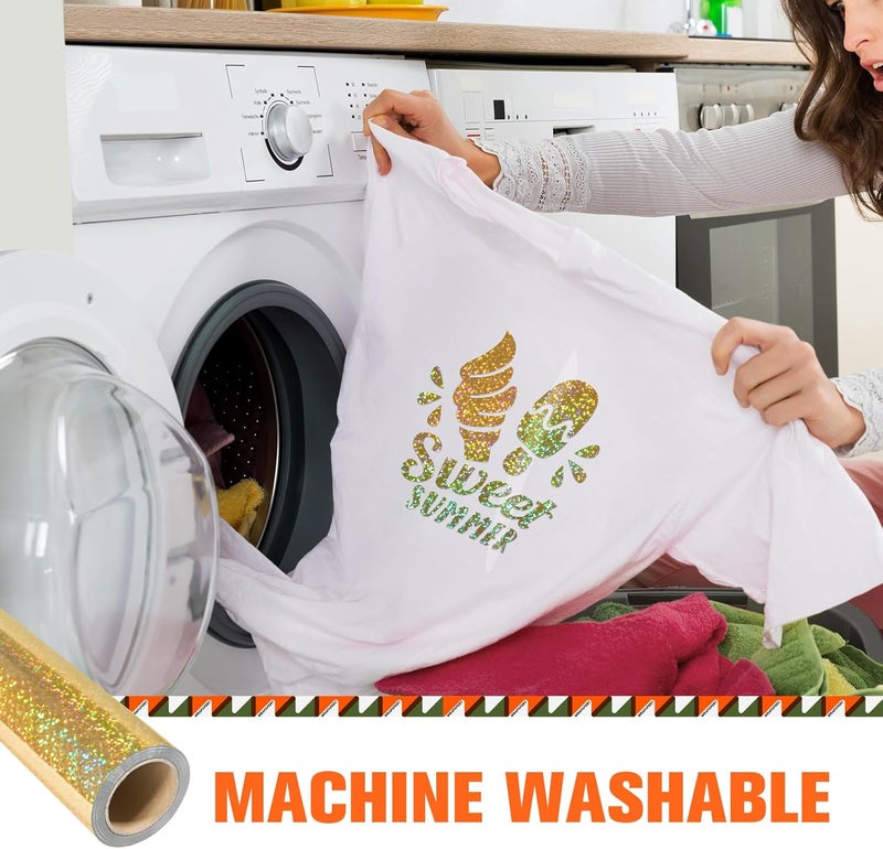 WRAPXPERT Holographic HTV Iron on Vinyl Gold Heat Transfer for T-Shirts, 12''x5ft Rolls Gold Vinyl for DIY Clothing,Stretchable & Washable - Image 4